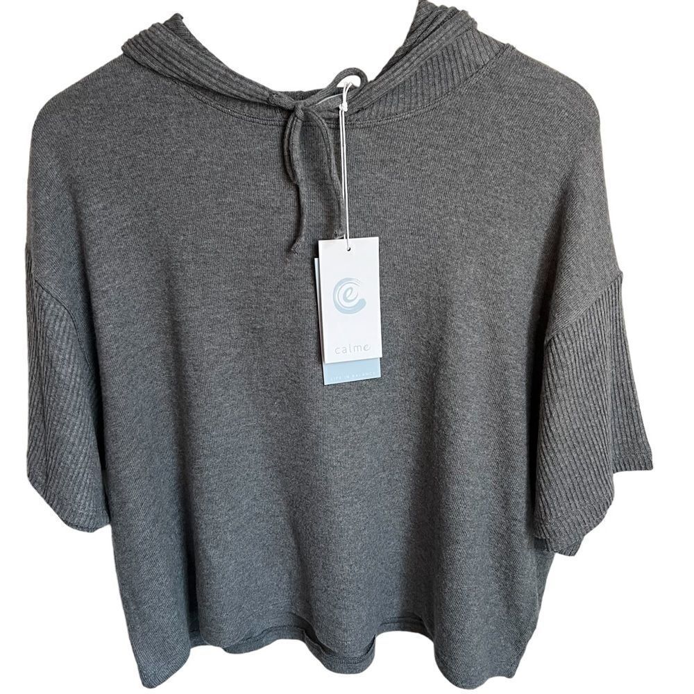 Calme by Johnny Was Hooded Cozy Tee Womens Medium Gray Short Sleeve Knit Top